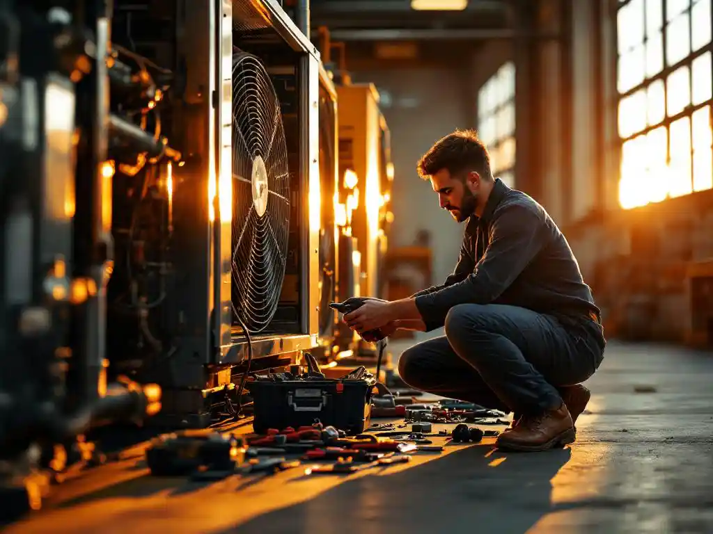 Ammattitaitoinen huoltoteknikko säätää teollisuuden ilmastointilaitetta työkaluilla lattialla levitetyistä työkaluista