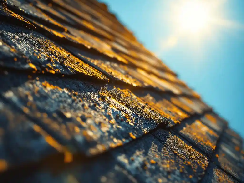 Auringonvaurioitunut kattopaanu, jossa näkyy kulumista ja irtonaisia rakeita kirkasta taivasta vasten