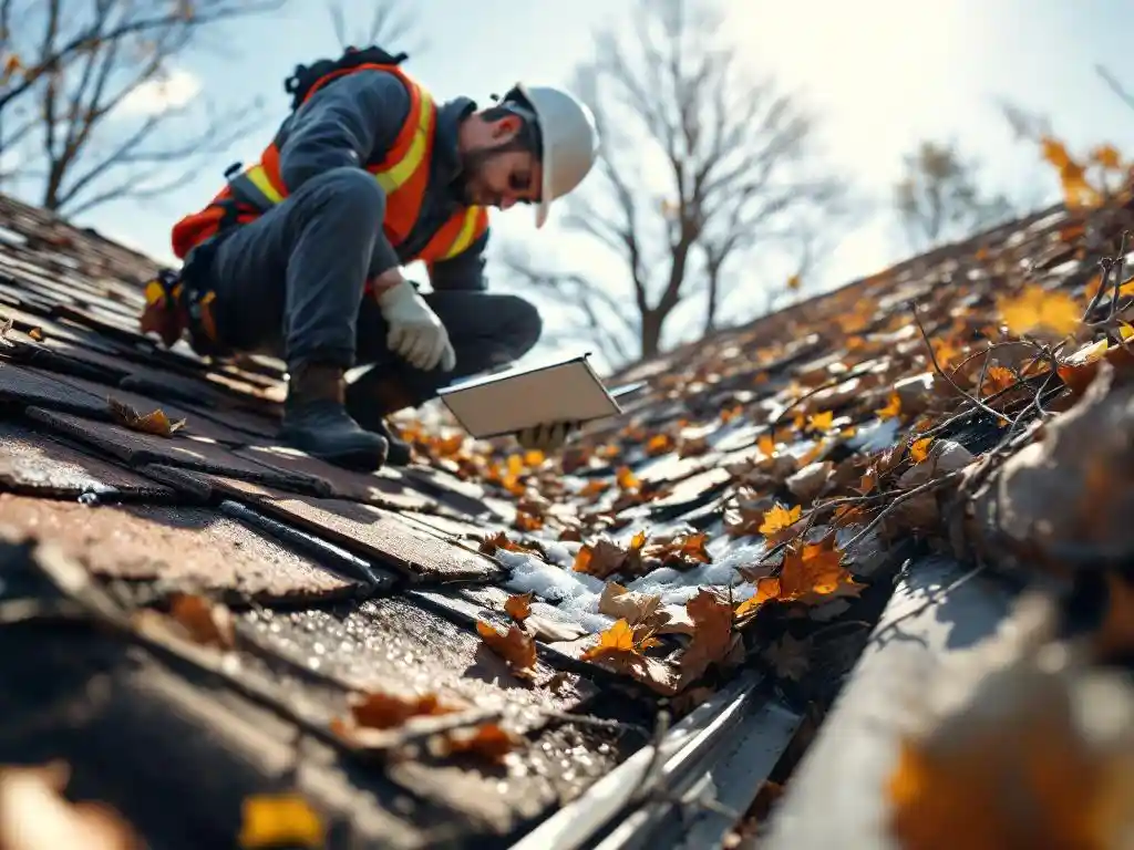 Kattotarkastaja turvavarustuksissa tutkii talvivahingoittuneita kattolappeita ja kouruja lehtien ja oksien keskellä