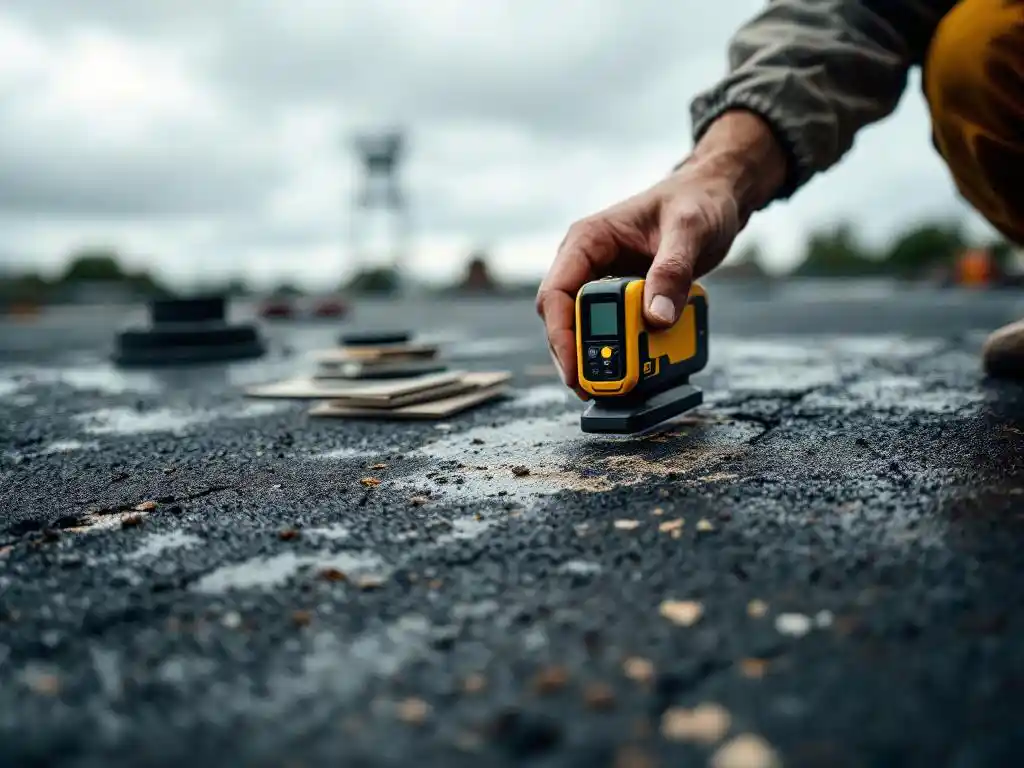 Kattoremonttimies tutkii kulunutta bitumikattopainta kosteudentunnistimella, työkaluja hajallaan ympärillä