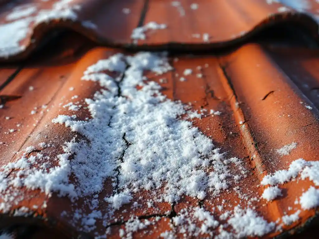 Rapautunut savikattotiili lähikuvassa, huurrekiteitä ja halkeamia valkoisessa pinnoitteessa, jääkertymää uurteiden välissä