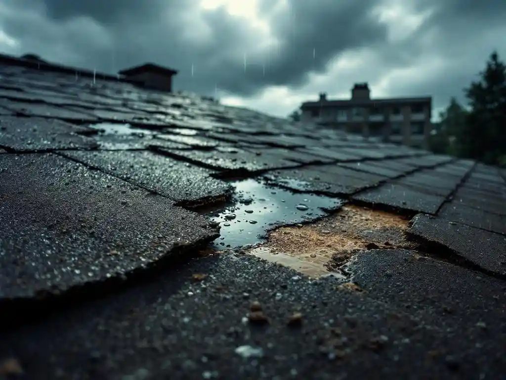 Vaurioitunut huopakattoosa repeämineen ja kulumajälkineen, taustaalla kerrostalo ja ukkospilviä